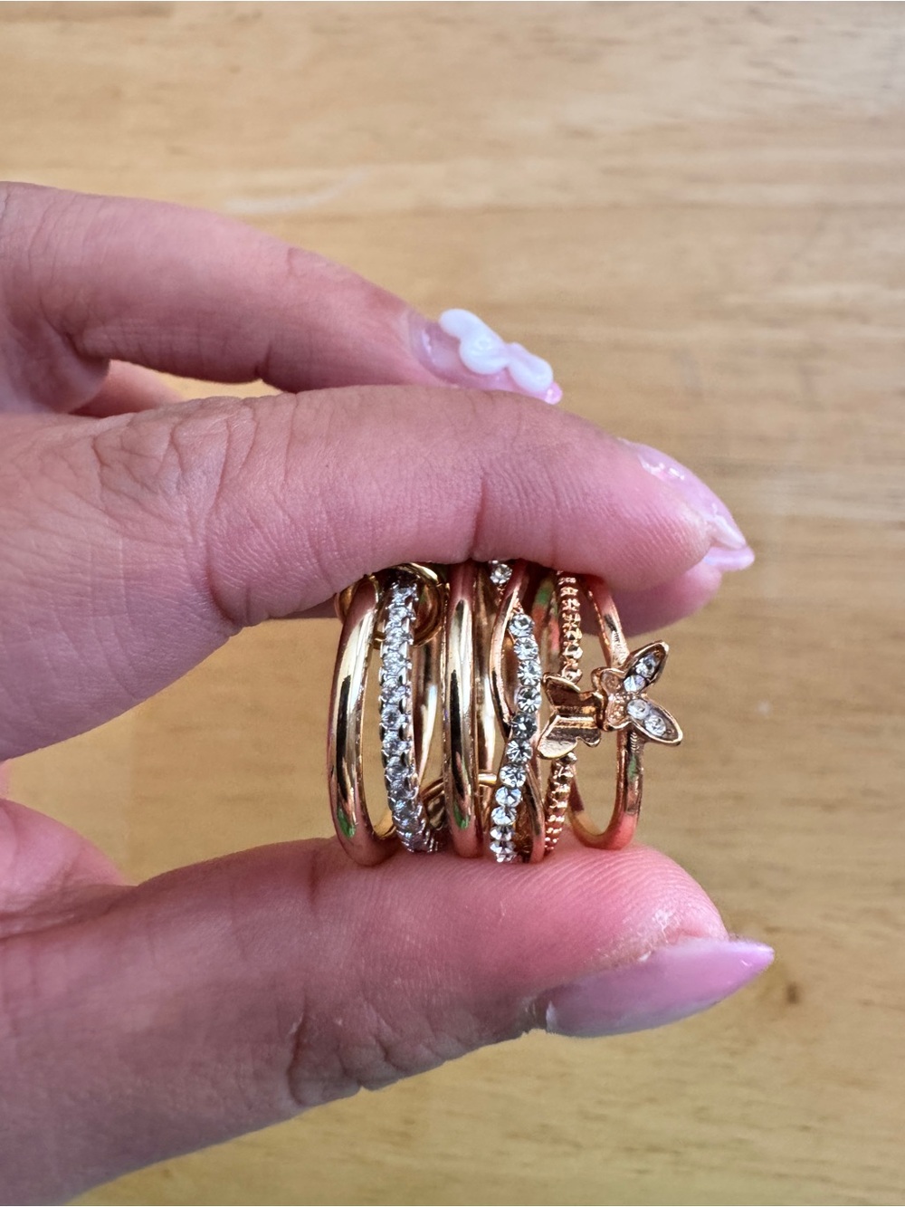 Rose Gold Crystal Stackable Ring Set with Butterfly Accent (Gold and Rose Gold)